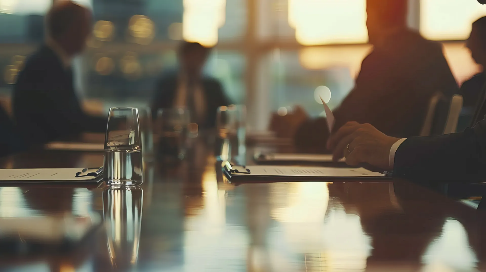 A high-angle shot of several lawyers gathered around a large boardroom table.